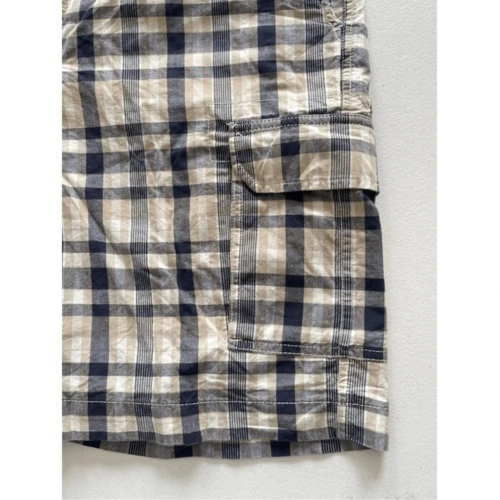 IZOD‎ Mens Plaid Cargo Shorts Navy Blue Tan White Cotton Size 38